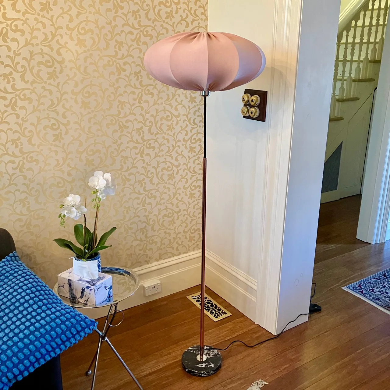 Luxe Mid-Century Glow – Rose Gold & Pink Fabric Shade Floor Lamp with Marble — photo 2