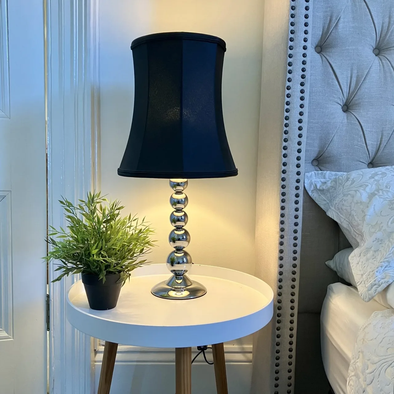 64CM Tall secondhand Black Silk and Chrome Side Table Lamp — photo 2