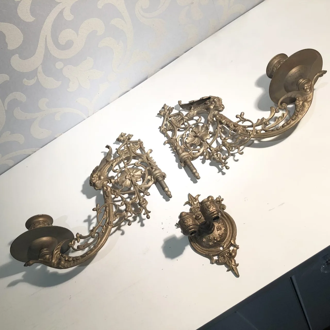 Vintage Double Arm Neoclassical Bronze Candle Sconces — photo 3