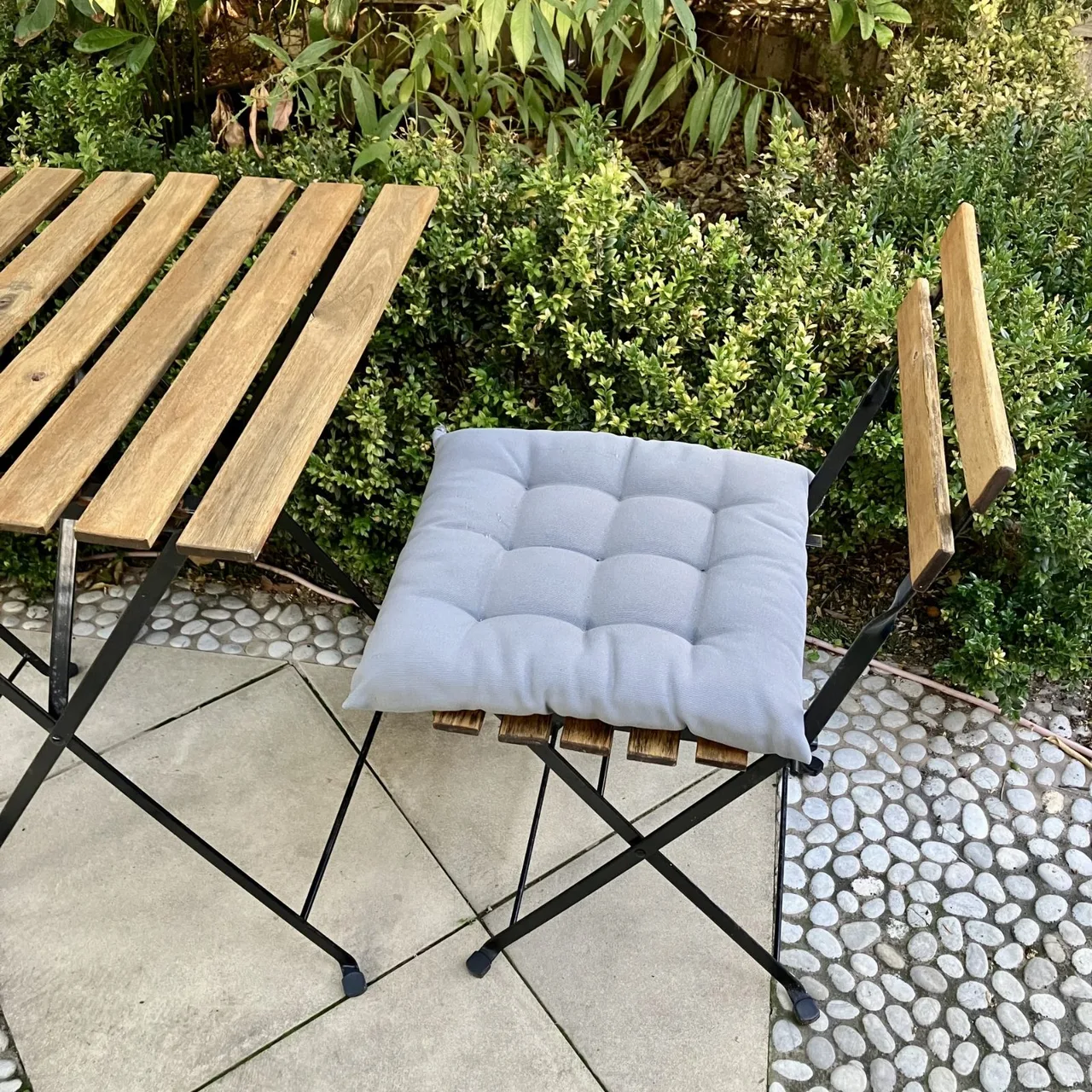 Hardwood 3-Piece Outdoor Folding Table, Chairs & Cushions — photo 4
