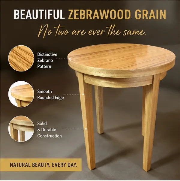 50cm Round Zebrawood Side Table – Designer Zebrano Timber Accent — photo 4