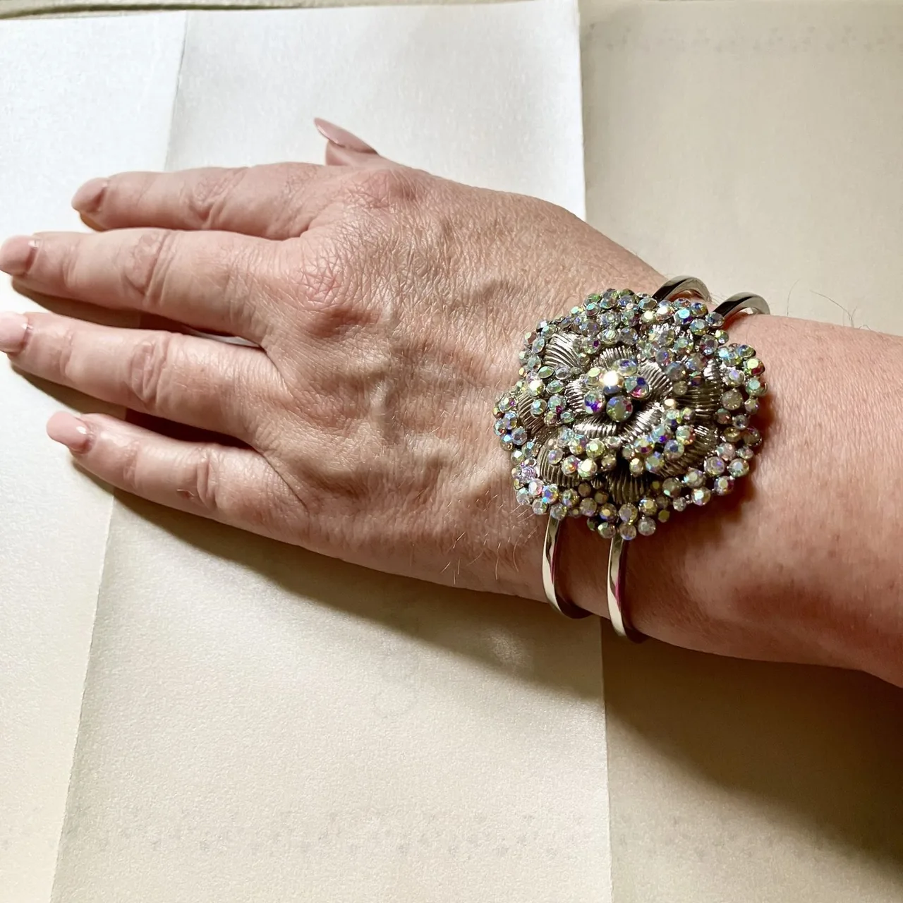 Clustered Accented Silver-Tone Costume Bracelet Hinge Cuff — photo 6