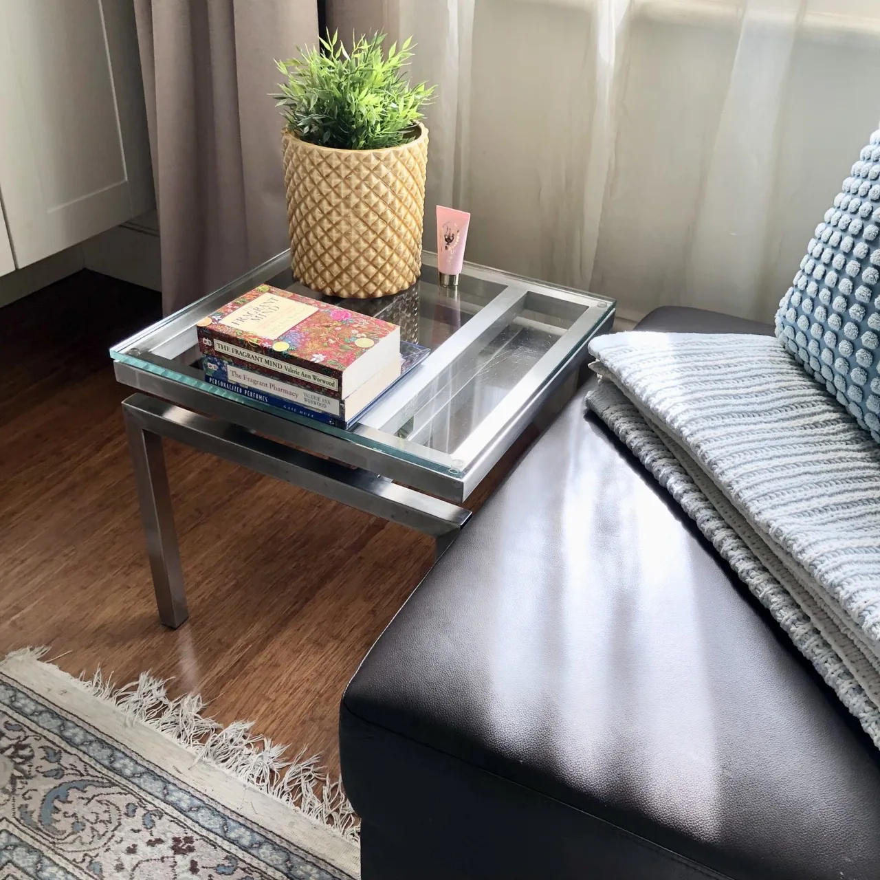 Modernist Glass Top & Steel Cube Base Side Table 50cm x 50cm x 49cm — photo 5