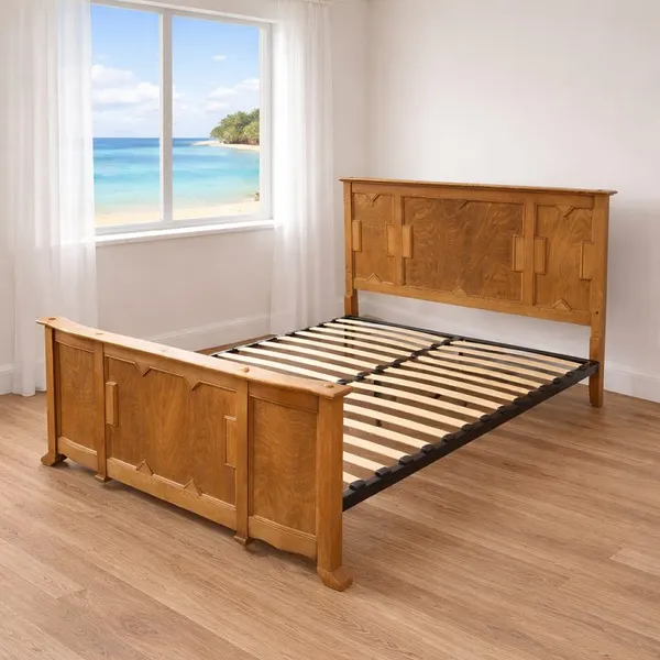 Antique French Oak Crown-Cut Double Bed With New Platform Base