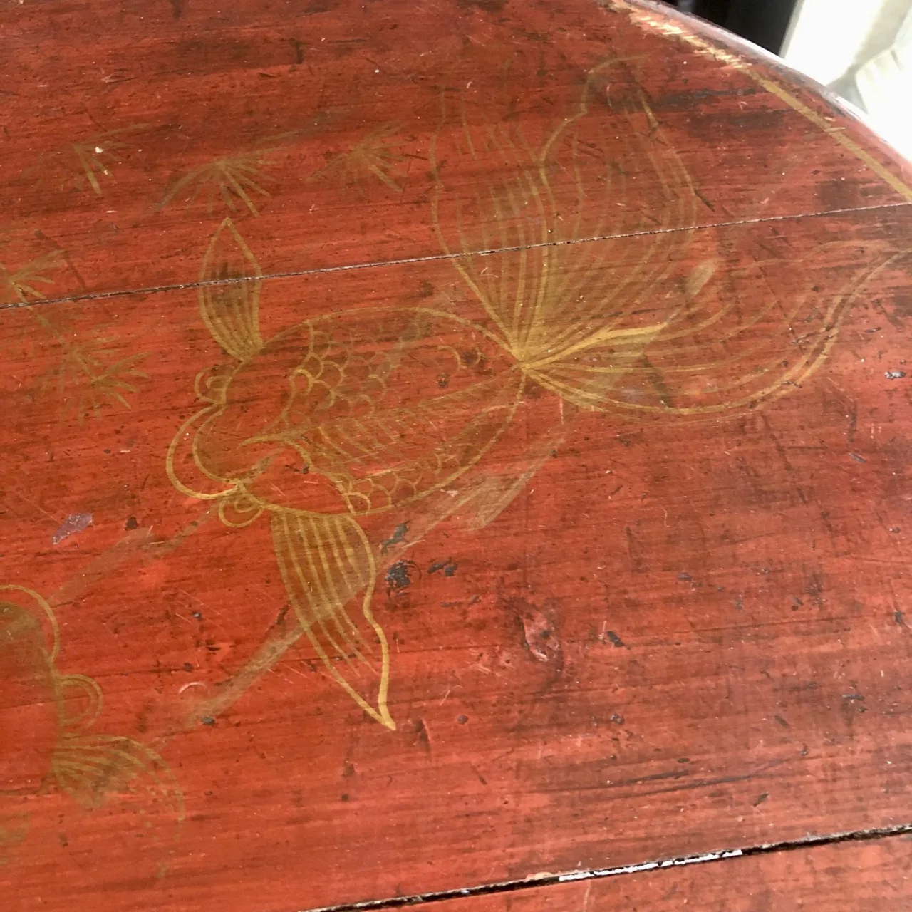 Antique Hand Painted Koi Fish Timber and Glass Table on steel base — photo 3