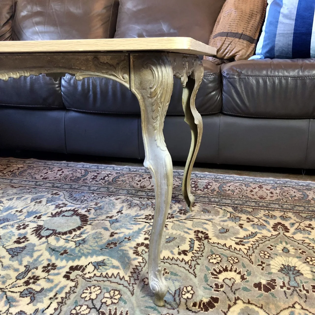 French Louis XV-style Brass & Oak Look Coffee Table — photo 4