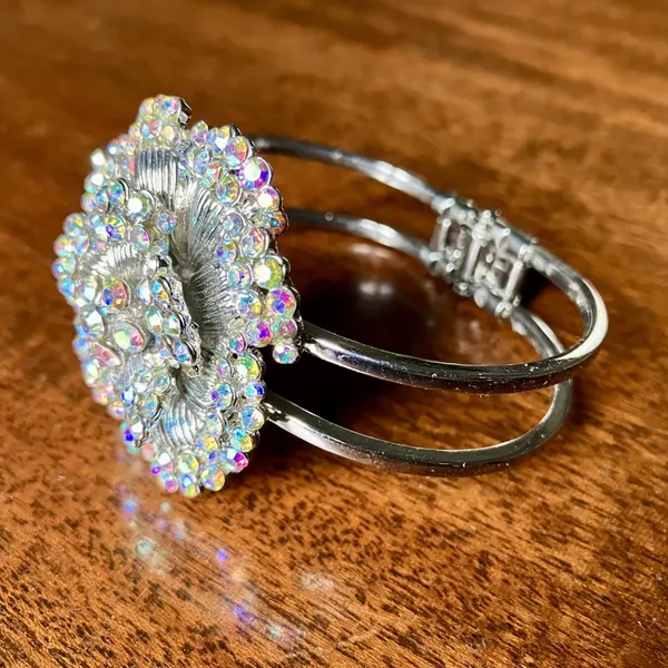 Clustered Accented Silver-Tone Costume Bracelet Hinge Cuff