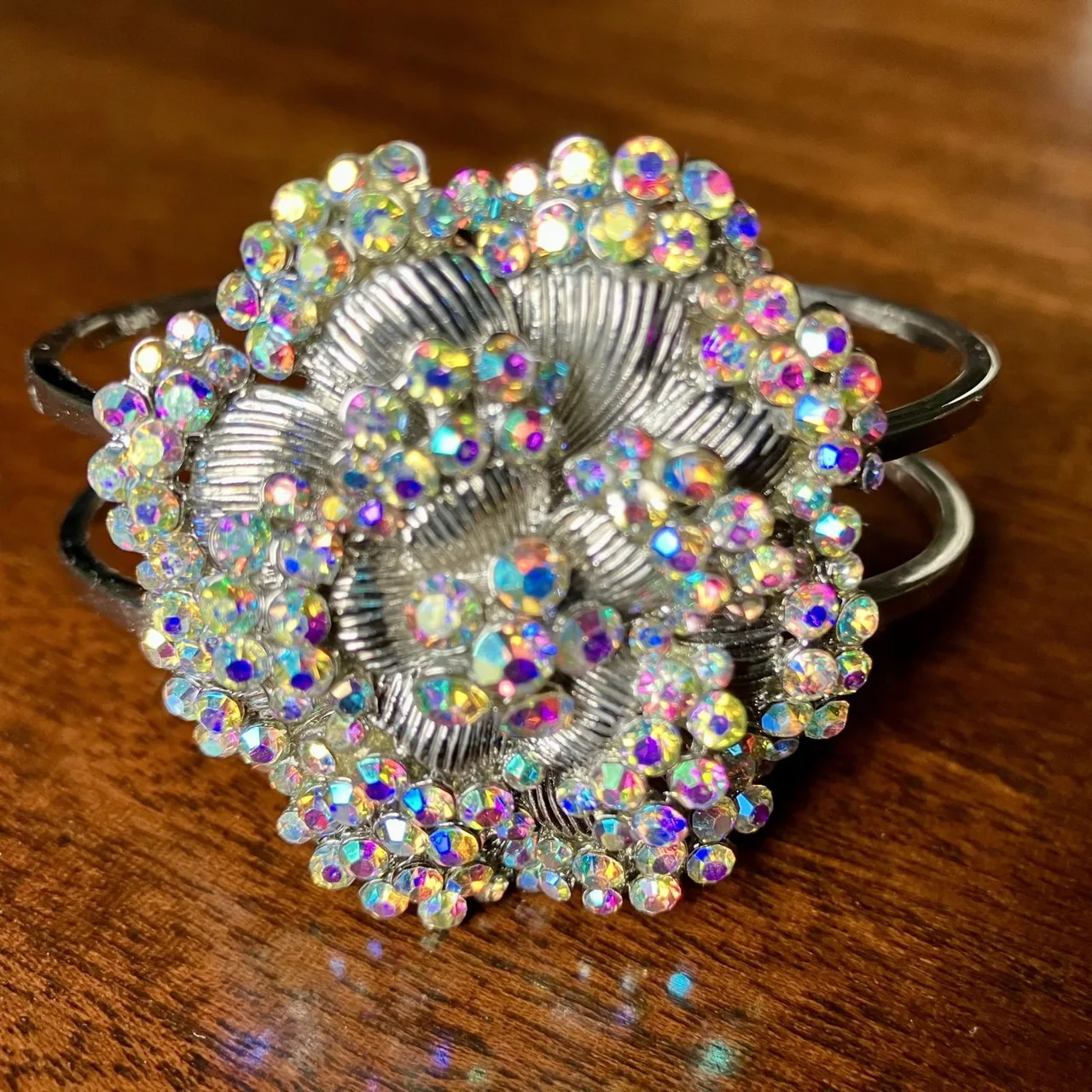 Clustered Accented Silver-Tone Costume Bracelet Hinge Cuff — photo 2