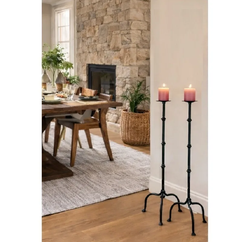Pair Hand Forged Medieval Iron Candle Stands / Floor Candle Holders — photo 2