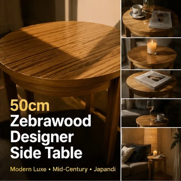 50cm Round Zebrawood Side Table – Designer Zebrano Timber Accent — photo 2