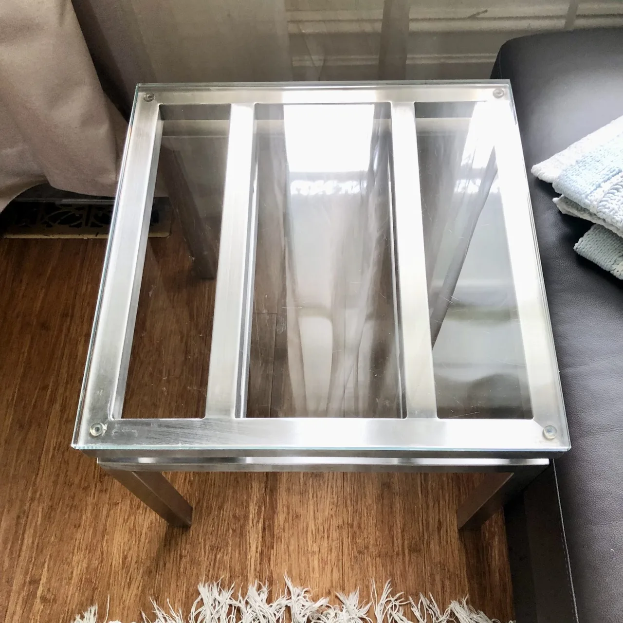 Modernist Glass Top & Steel Cube Base Side Table 50cm x 50cm x 49cm — photo 3