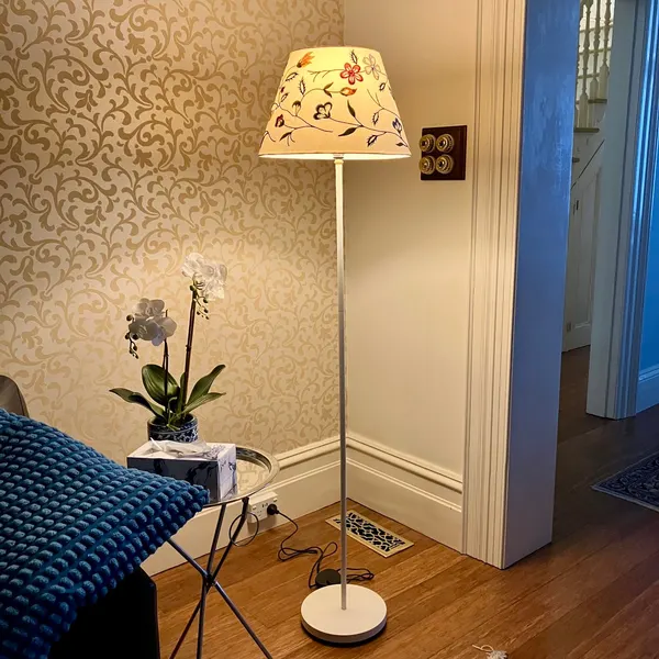 1990s Vintage Ikea ALVINE Parla Linen Floral Cone Shade Floor Lamp