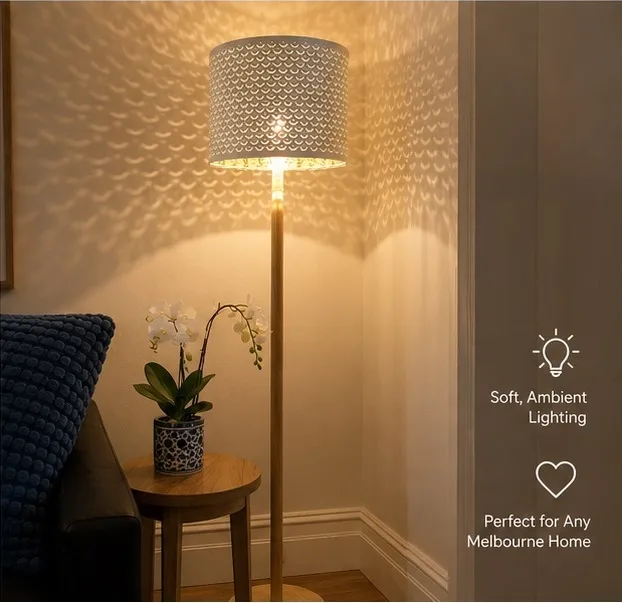 Scandinavian Timber Base Floor Lamp – White & Gold Shade, Modern Coast — photo 5