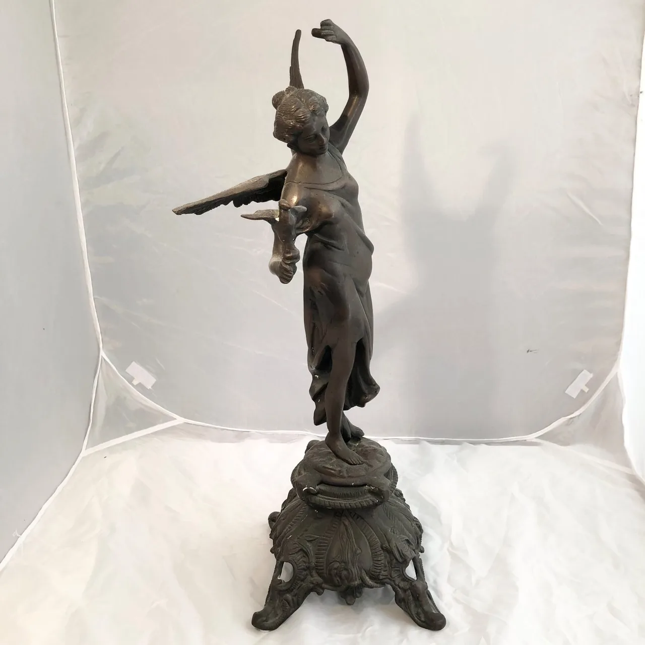 Antique French Bronze Winged Angel Statue with Dove – Art Nouveau — photo 2