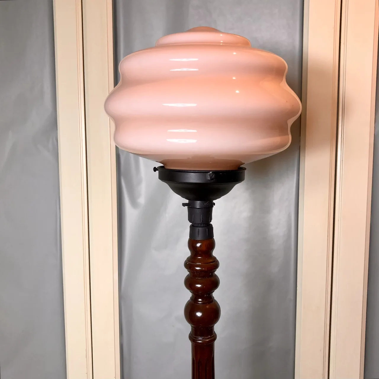 Vintage Pink Standard Floor Lamp with Polished Hardwood Timber Base — photo 3