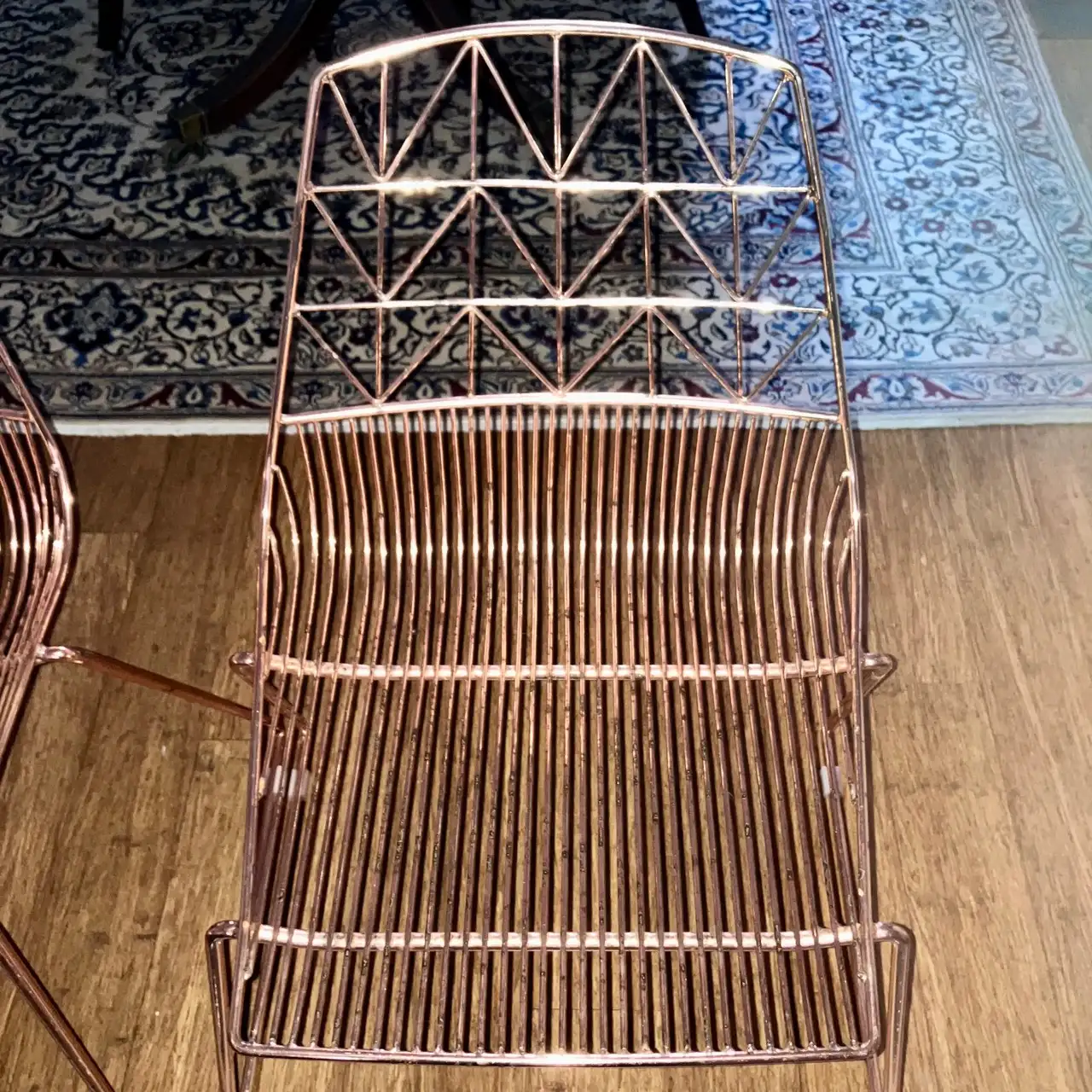 gently used Pair of MCM Rose Gold Wire Dining Chairs – Stylish Stackable Retro – photo 8