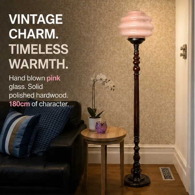 Vintage Pink Standard Floor Lamp with Polished Hardwood Timber Base — photo 7