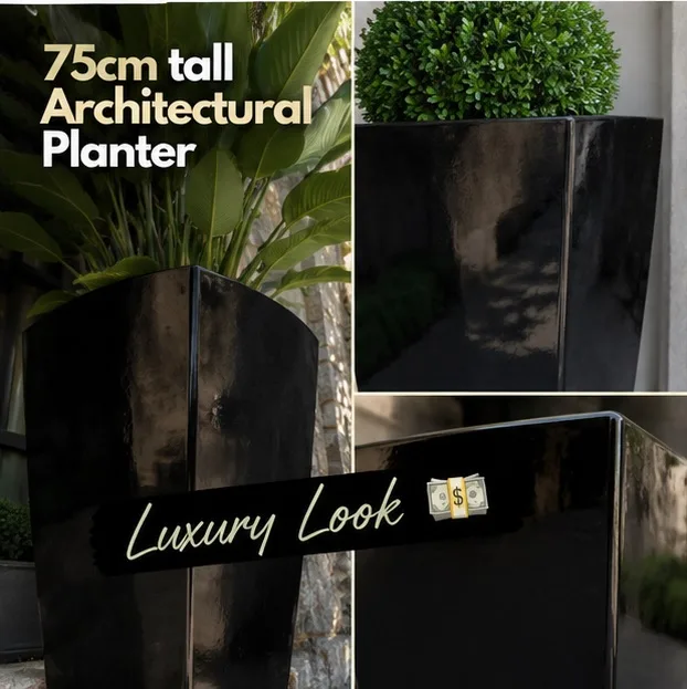75cm Black Fibreglass Statement Planter, Modern Garden & Entryway — photo 3