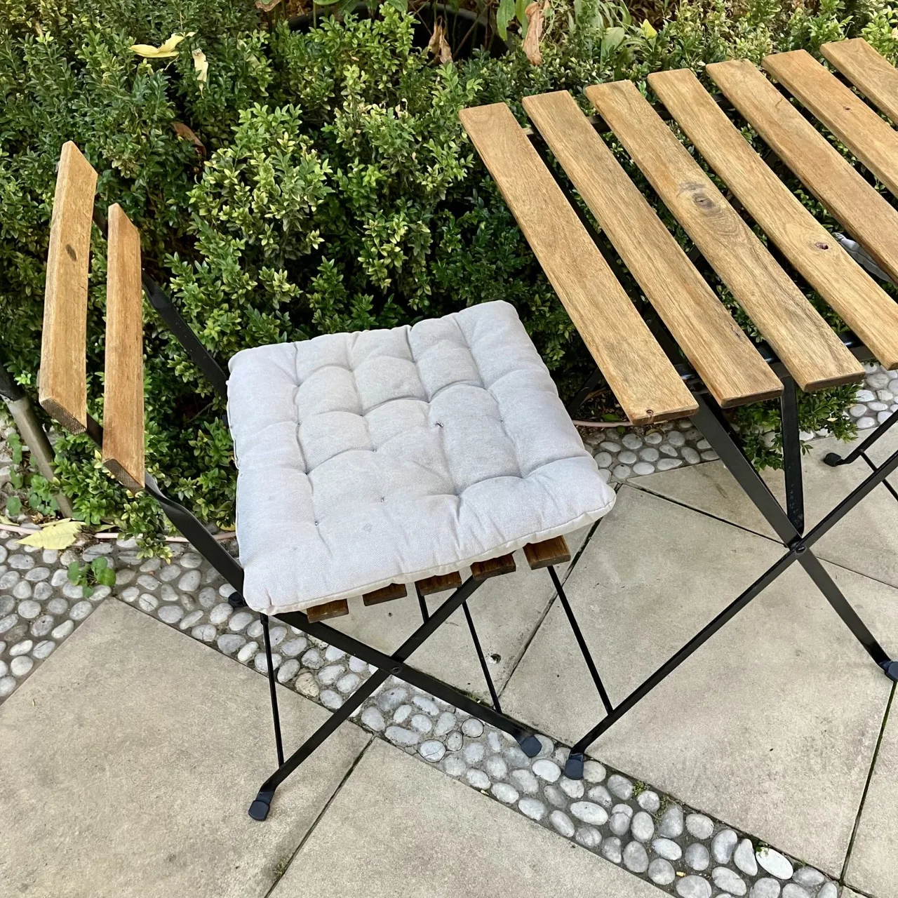 Hardwood 3-Piece Outdoor Folding Table, Chairs & Cushions — photo 2
