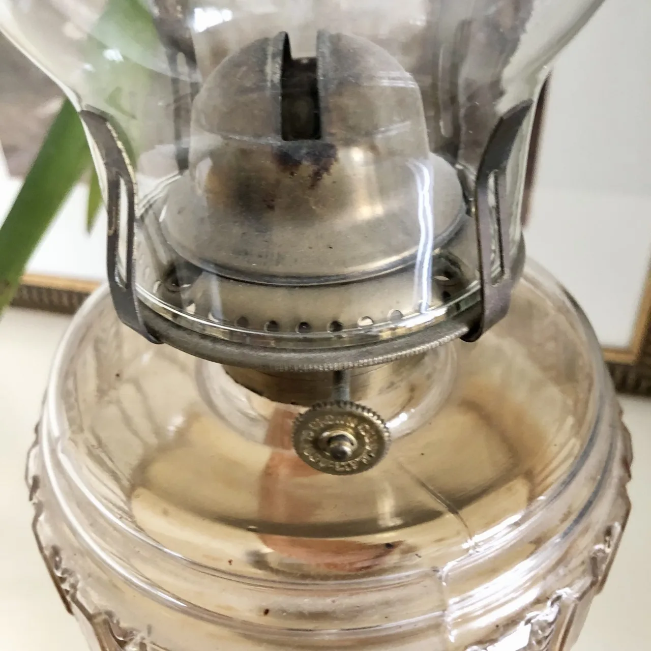 Vintage Tall Cut Clear Glass & Brass Hurricane Lamp — photo 3