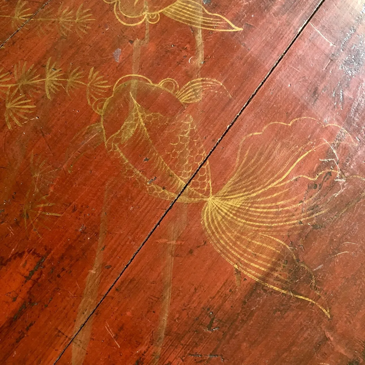 Antique Hand Painted Koi Fish Timber and Glass Table on steel base — photo 4