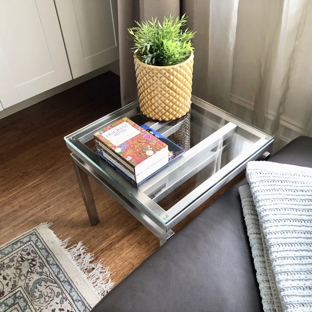 Modernist Glass Top & Steel Cube Base Side Table 50cm x 50cm x 49cm — photo 4