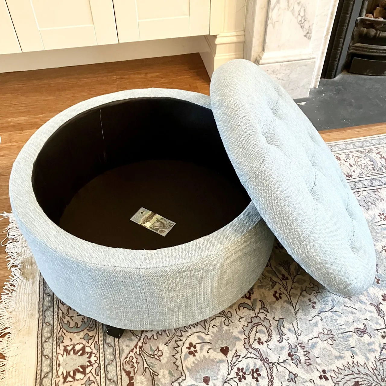 Teal blue Round button-tufted storage Ottoman Size: 75cm diameter x 42cm high — photo 4
