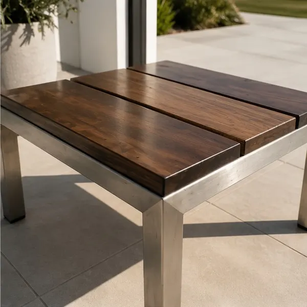 Tait Linear Outdoor Side Table – Spotted Gum & Marine Grade Stainless Steel | De