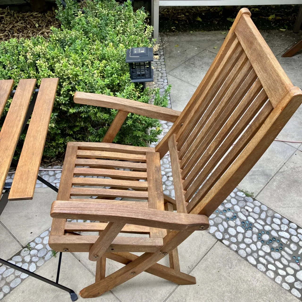 Pair of Teak Folding Armchairs and Folding Table — photo 4