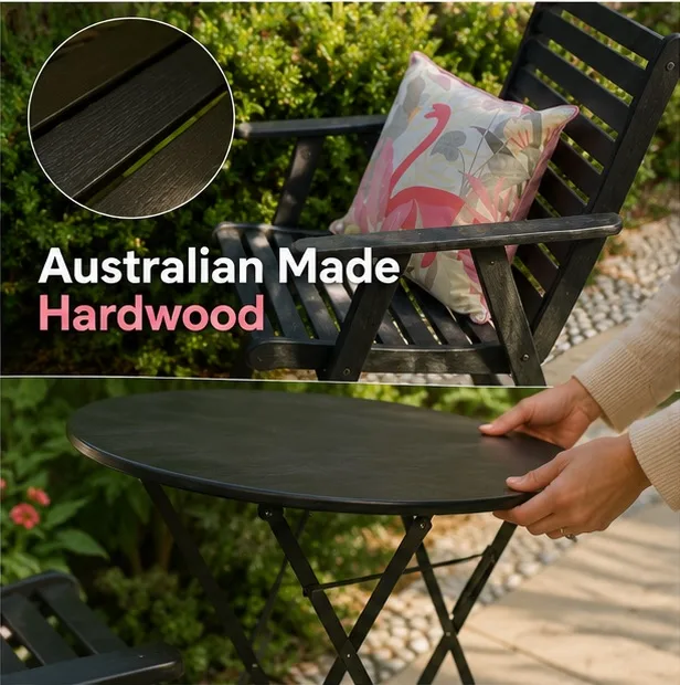 Two Australian Made Hardwood Chairs and Folding Steel Cafe Table — photo 4