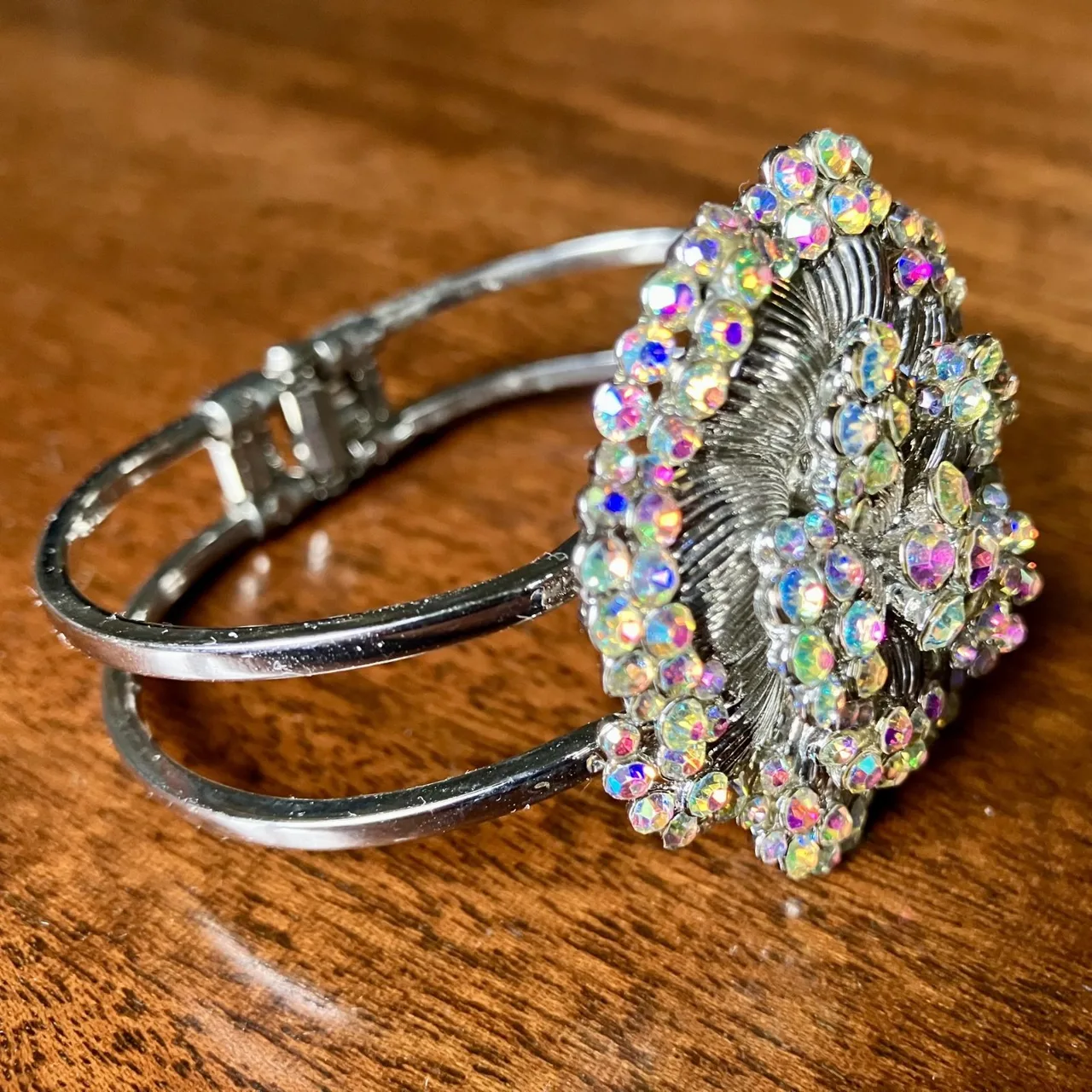 Clustered Accented Silver-Tone Costume Bracelet Hinge Cuff — photo 3