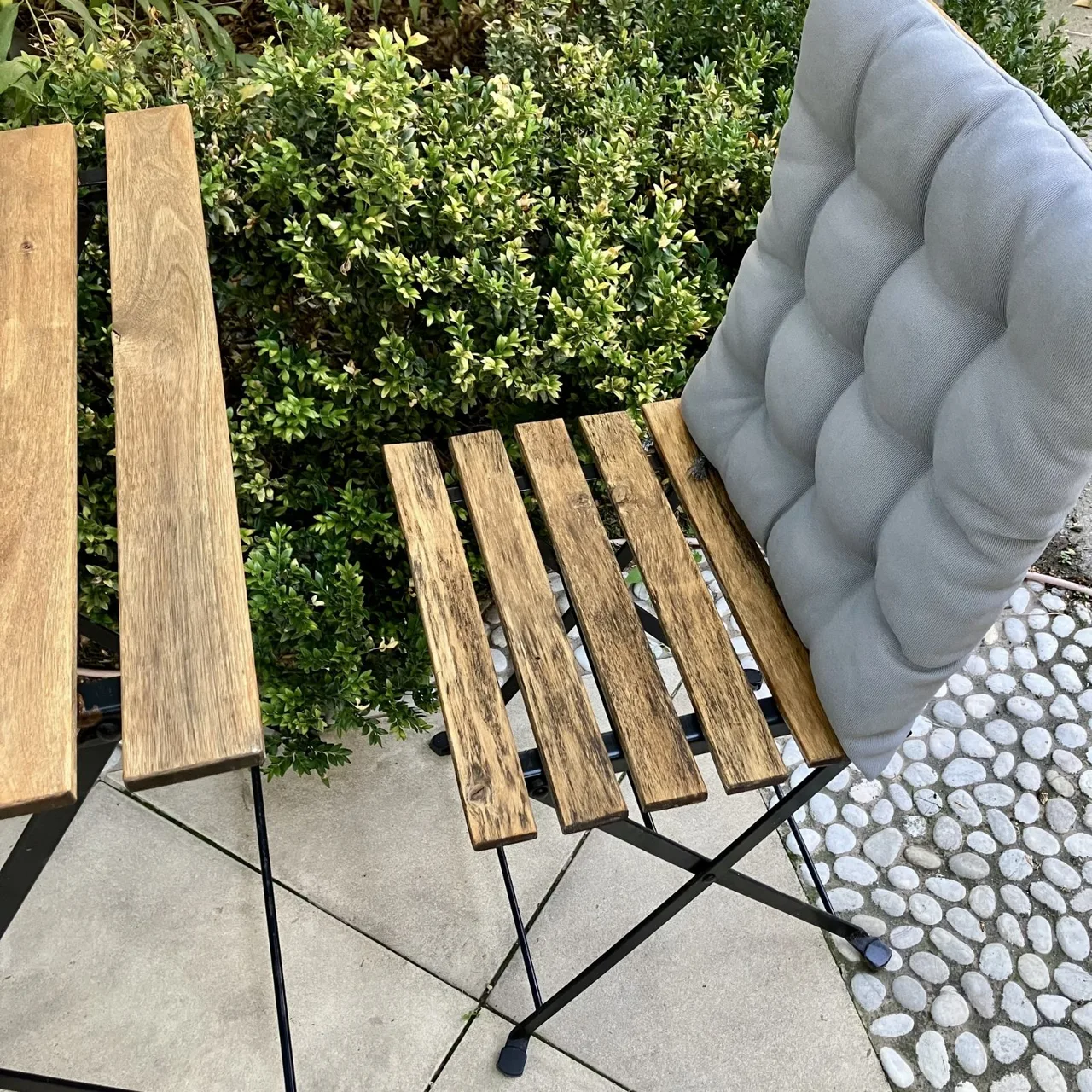 Hardwood 3-Piece Outdoor Folding Table, Chairs & Cushions — photo 5