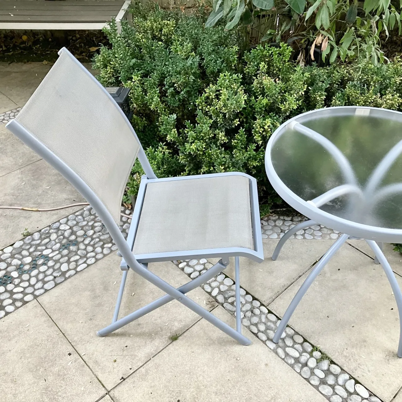 Steel & Glass Outdoor Bistro Table & Two Folding Chairs — photo 2