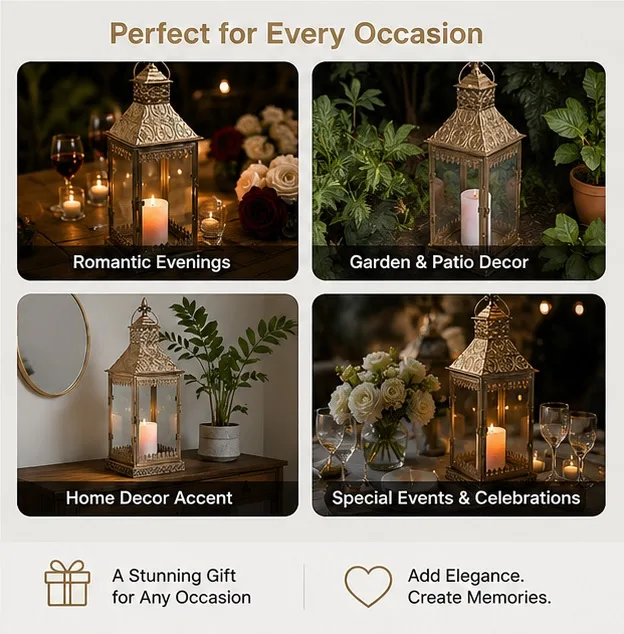 Large Moroccan Lantern Candle Holder – Gilded Metal & Glass Indoor/Out — photo 6