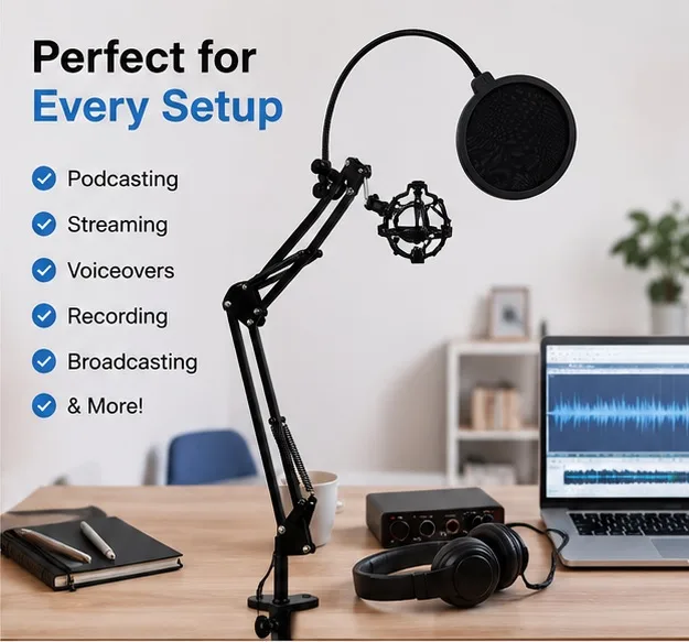 Adjustable Microphone Suspension Boom Arm Stand + Pop Filter — photo 4