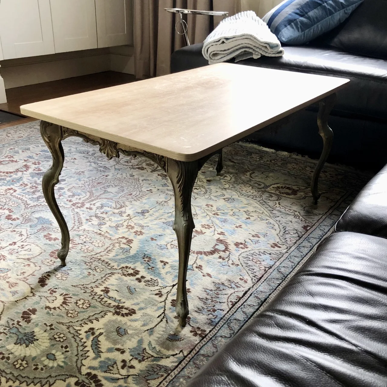 French Louis XV-style Brass & Oak Look Coffee Table — photo 5
