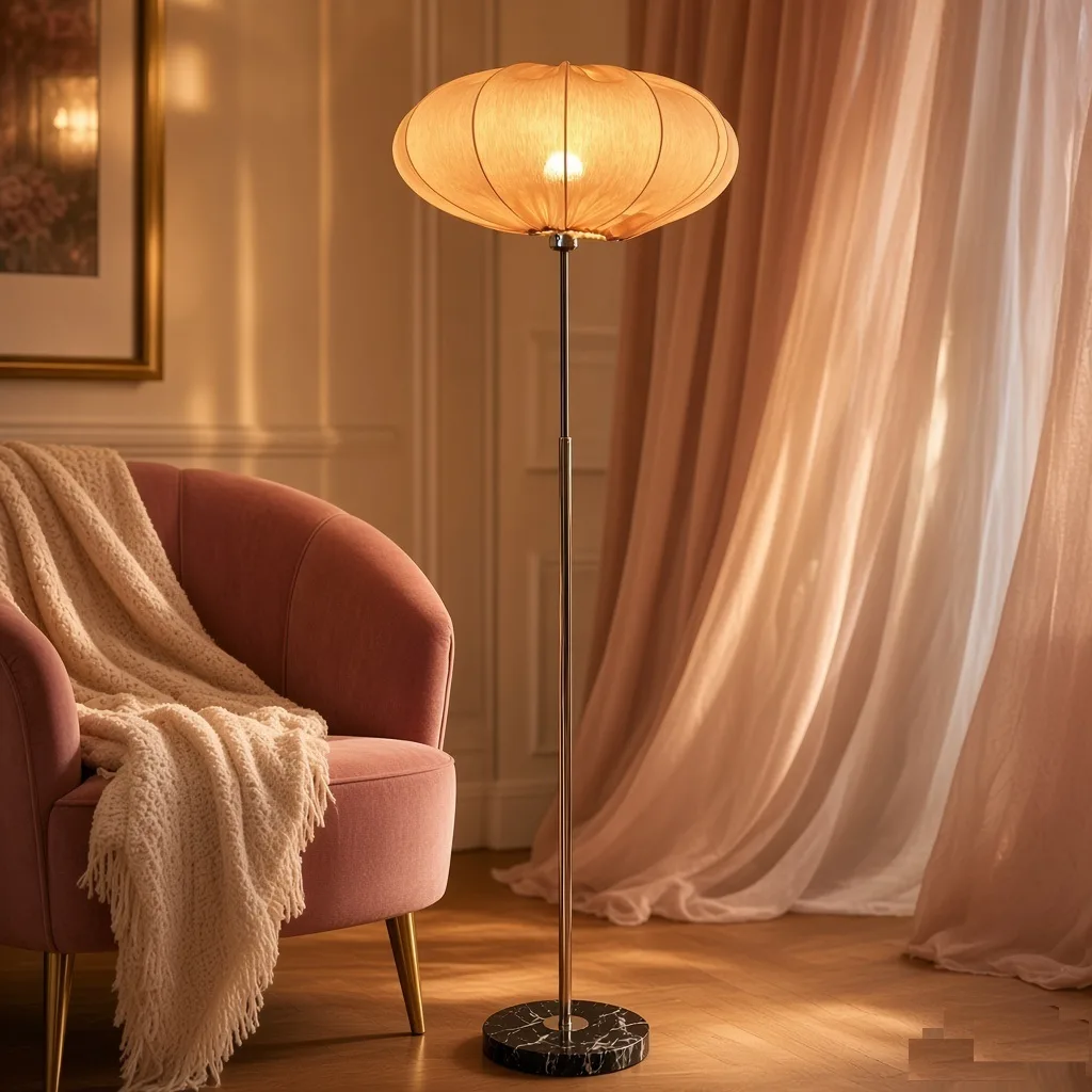 Luxe Mid-Century Glow – Rose Gold & Pink Fabric Shade Floor Lamp with Marble — photo 7