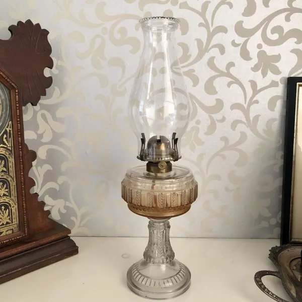 Vintage Tall Cut Clear Glass & Brass Hurricane Lamp