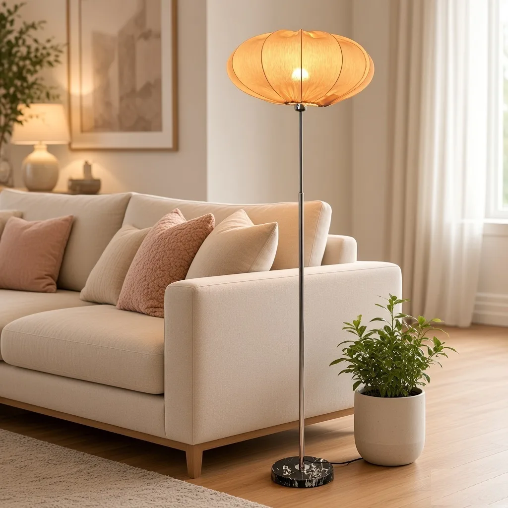 Luxe Mid-Century Glow – Rose Gold & Pink Fabric Shade Floor Lamp with Marble — photo 9