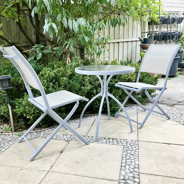 Steel & Glass Outdoor Bistro Table & Two Folding Chairs