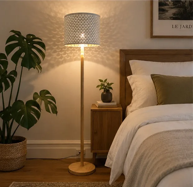 Scandinavian Timber Base Floor Lamp – White & Gold Shade, Modern Coast — photo 3