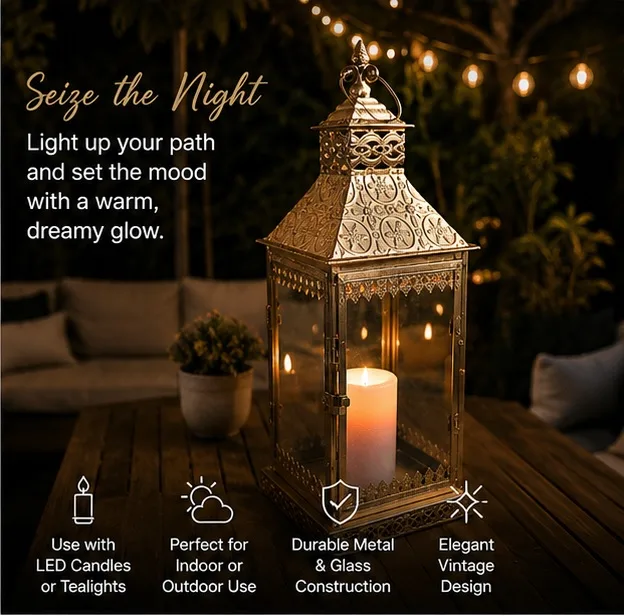 Large Moroccan Lantern Candle Holder – Gilded Metal & Glass Indoor/Out — photo 2