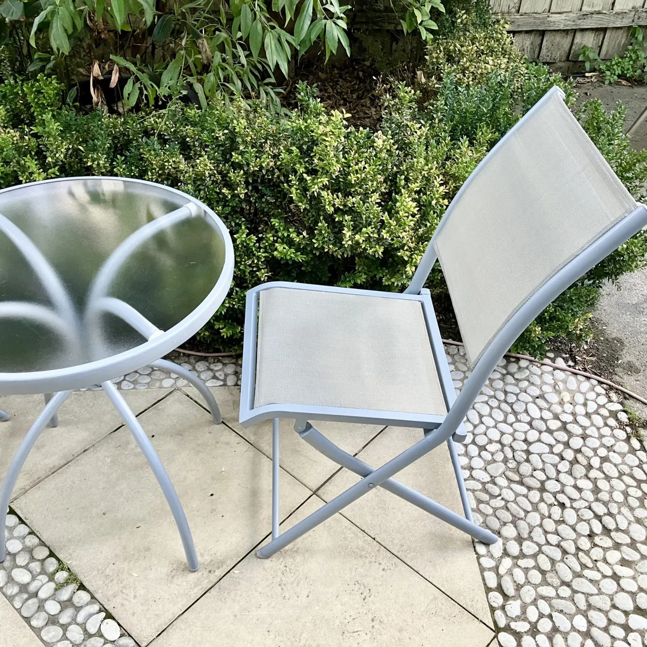 Steel & Glass Outdoor Bistro Table & Two Folding Chairs — photo 4