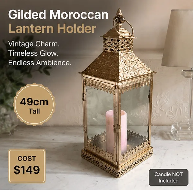 Large Moroccan Lantern Candle Holder – Gilded Metal & Glass Indoor/Out — photo 4