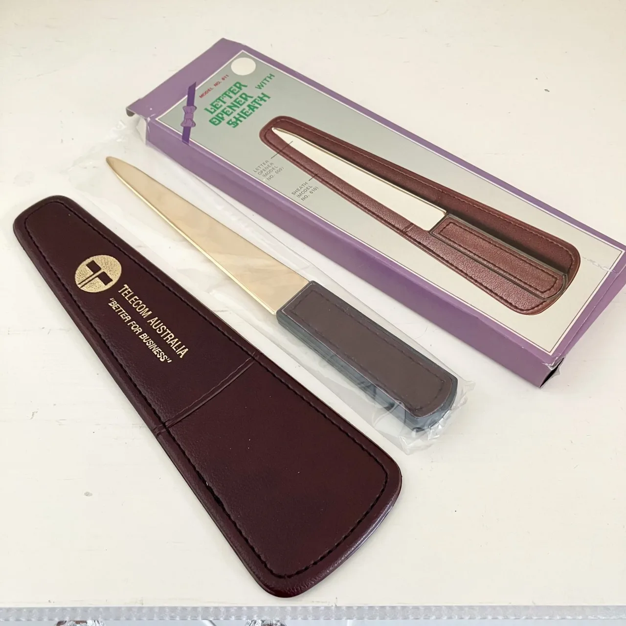 Vintage Telecom Australia Leather Sheathed Brass Letter Opener – Unused — photo 2