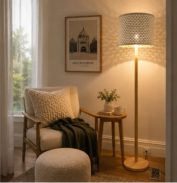 Scandinavian Timber Base Floor Lamp – White & Gold Shade, Modern Coast — photo 4