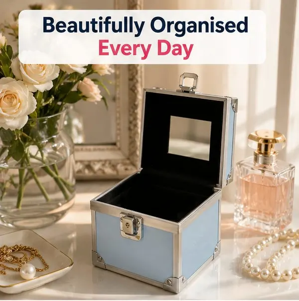 Blue Portable Velvet Lined Alloy Make Up Vanity Storage Cube 13cm