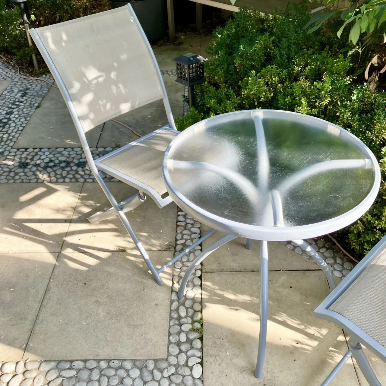 Steel & Glass Outdoor Bistro Table & Two Folding Chairs — photo 5
