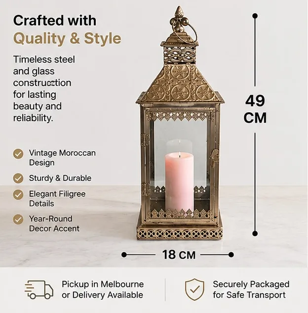 Large Moroccan Lantern Candle Holder – Gilded Metal & Glass Indoor/Out — photo 5