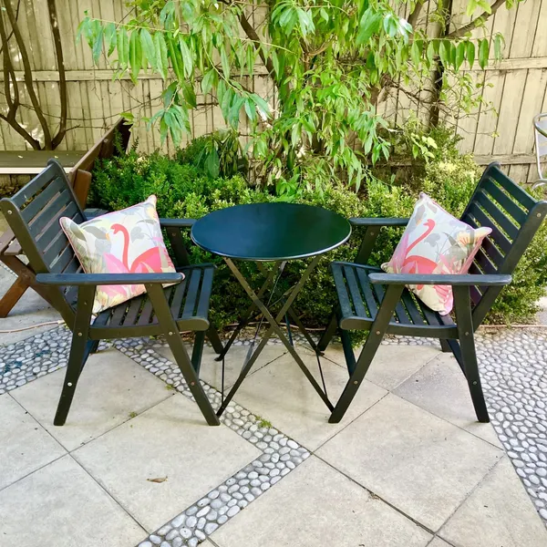 Two Australian Made Hardwood Chairs and Folding Steel Cafe Table